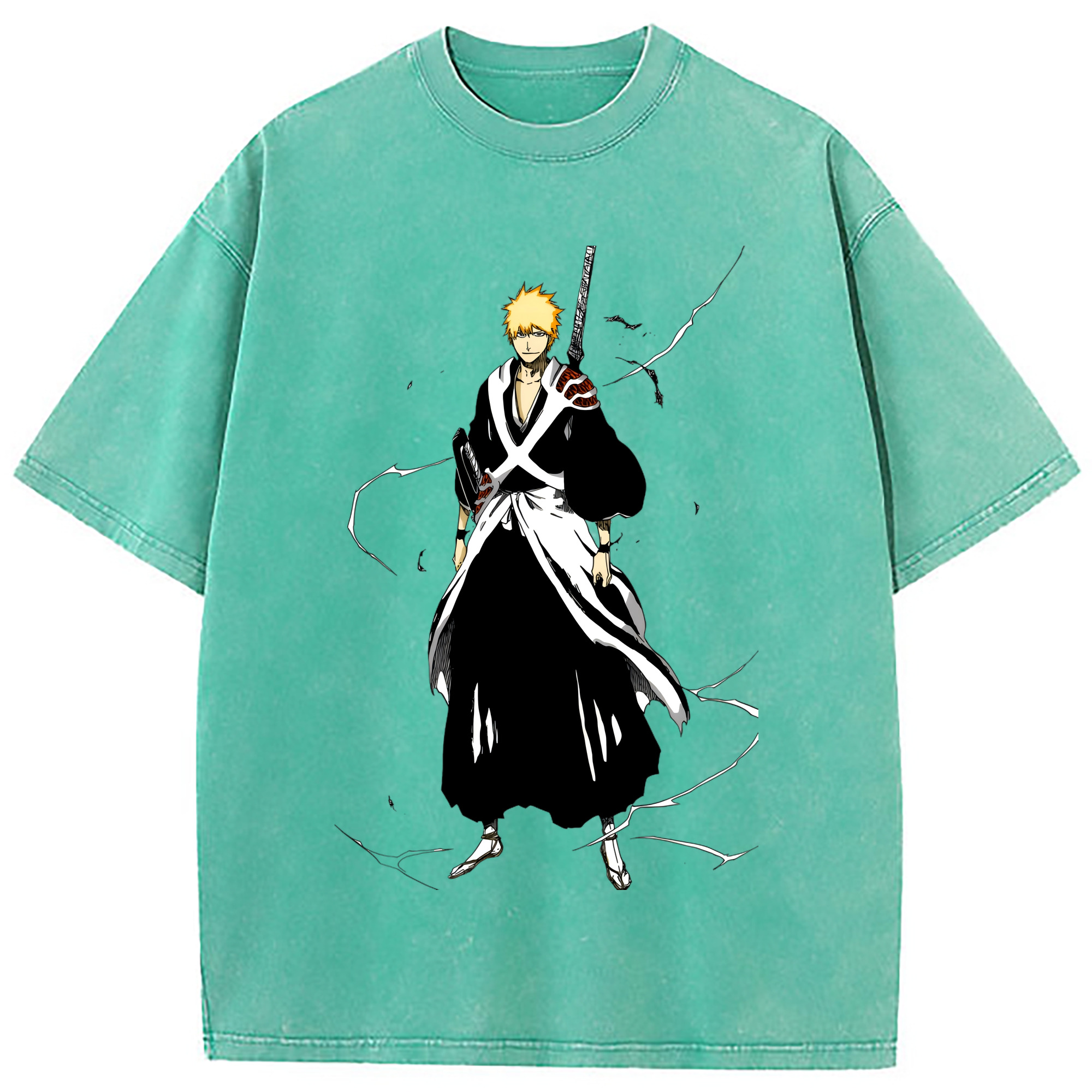 （画像用） ブリーチ 黒崎一護（くろさき いちご）BLEACH Kurosaki Ichigo 綿100% ヴィンテージ風 半袖Tシャツ（フロントプリント）